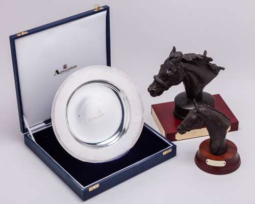 Group of three horse racing trophies