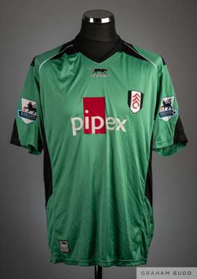 Antti Niemi signed green and black No.29 Fulham goalkeepers short-sleeved shirt, 2006-07, 
 Airness, XXL, with v-neck collar and embroidered cloth bad