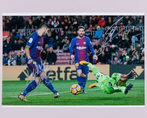 Lionel Messi, Luis Suarez and Andres Iniesta autographed double-sided photograph