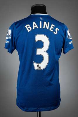 Leighton Baines blue & white Everton no.3 home jersey, season 2015-16,
 match-issue, Umbro, shorts-sleeved with BARCLAYS PREMIER LEAGUE sleeve badges,