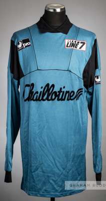 Blue and black AJ Auxerre no.1 goalkeeper's jersey, late 1980s,
 Uhlsport, long-sleeved with padded elbows, bearing ULHSPORT and LINE 7 badges with CH