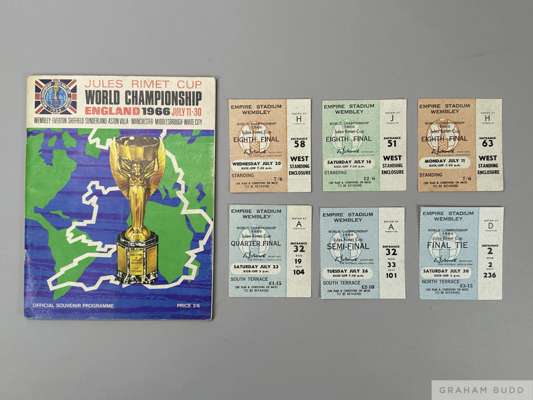 An Official Souvenir World Cup 1966 England programme and six match day tickets 
 comprising: Eight Final July 11 - England v Uruguay, Eighth Final Ju