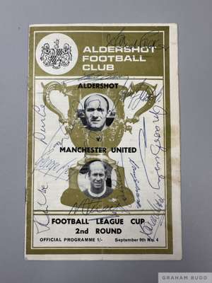 Manchester United-signed programme at Aldershot 9th September 1970,
 League Cup tie, signed to the front cover in blue biro by the United team includi