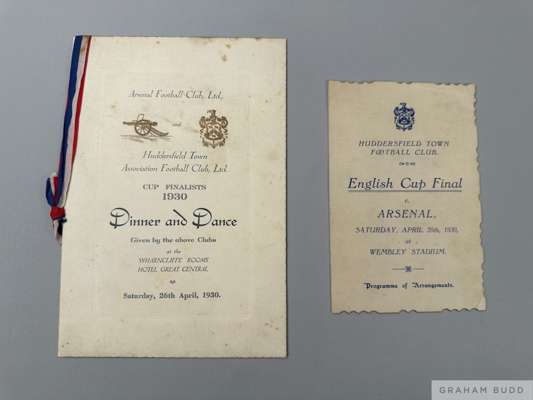 Tom Wilson an official itinerary and banquet menu card for the 1930 Huddersfield Town v. Arsenal F.A.Cup Final
 the menu card bearing autographs of ei