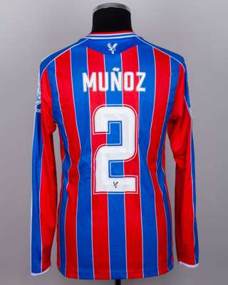 Daniel Muñoz red and blue No.2 Crystal Palace v. AEK Larnaca match worn shirt