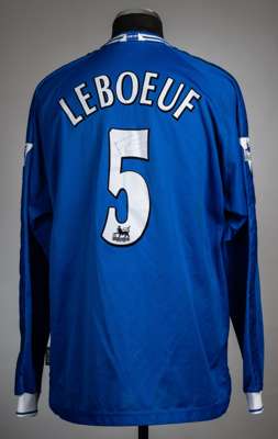 Frank Leboeuf signed blue Chelsea no.5 home jersey, season 1999-2000,
 Umbro, long-sleeved with THE FA PREMIER LEAGUE sleeve badges, club crest and sp