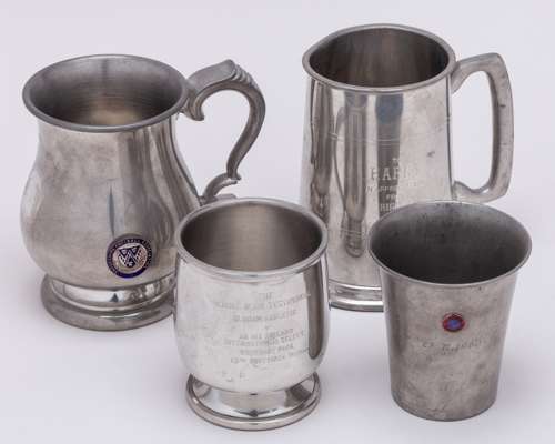 Harry Gregg four various pewter tankards