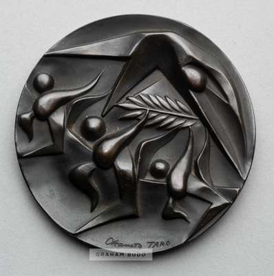 Tokyo 1964 Olympic Games participant's medal,
 designed by T. Okamoto and K. Tanaka, copper, obverse with stylised figures of  three runners and a swi