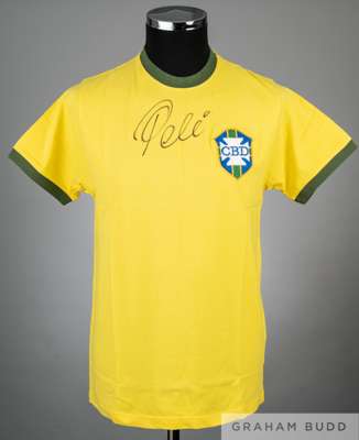 Pele signed yellow and green Brazil 1970 World Cup replica jersey