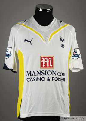 Robbie Keane white and yellow No.10 Tottenham Hotspur match worn short-sleeved shirt, 2009-10, 
 Puma, M, with v-neck style collar and embroidered bad