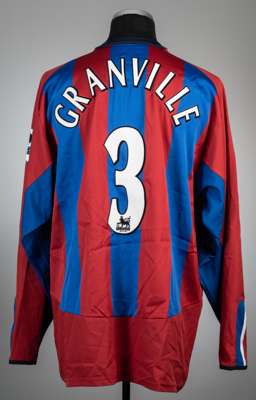 Danny Granville red and blue Crystal Palace no.3 home jersey, season 2004-05,
 Diadora, long-sleeved with BARCLAYS PREMIERSHIP sleeve badges, club cre