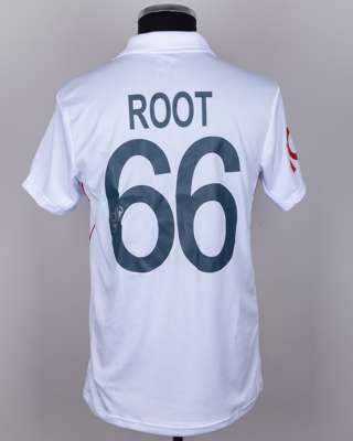 Joe Root signed white No.66 England Test Match short-sleeved shirt