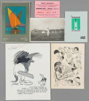 England v Australia ashes cricket ephemera,
 including 1926 scorecard repro with printed signatures, photographs one featuring Bradman in the field, 1