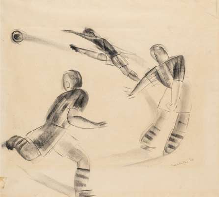 Sonia Miller (British) pair of sketches for a football match at Portsmouth, circa 1953,
 the first showing the goalkeeper saving a shot on goal, signe