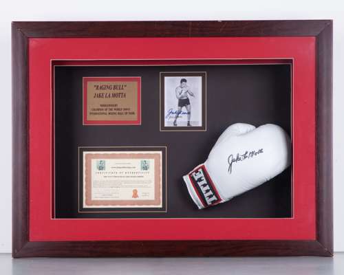 Jake La Motta autographed white Title boxing glove display