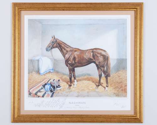 Klaus Philipp (German, 1932-2023) print of the racehorse Nashwan presented to Dick Hern