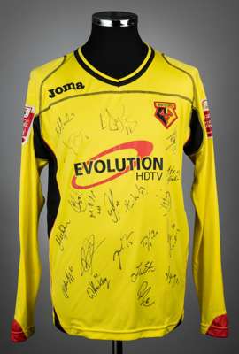 Adrian Mariappa squad signed yellow Watford no.2 jersey, season 2009-10,
 match-issue, Joma, long-sleeved with COCA COLA FOOTBALL LEAGUE sleeve badges