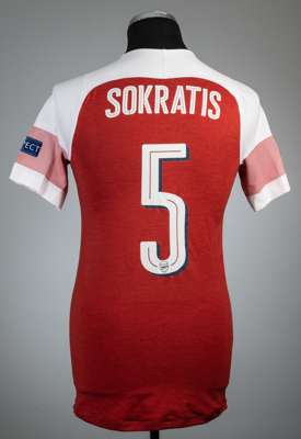 Sokratis red Arsenal UEFA Europa League final No.5 jersey v Chelsea, played at Olympic Stadium Baku, 29th May 2019,
 Puma, short-sleeved with UEFA EUR