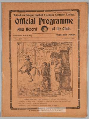 Tottenham Hotspur v Manchester United match programme, at White Hart Lane, 8th October 1921,
 four-page programme with annotated notes on centre page,