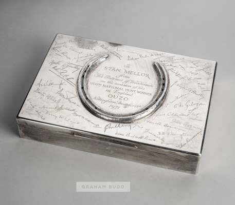 A silver cigarette box presented by the patrons of Harry Thomson Jones' Woodland Stables (including Lord Lucan) in Newmarket to Stan Mellor on the occ