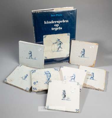Seven early to mid 18th century Dutch blue and white earthenware tiles depicting the game of Kolf/Kolven and Beugelen,
 each of square form depicting 