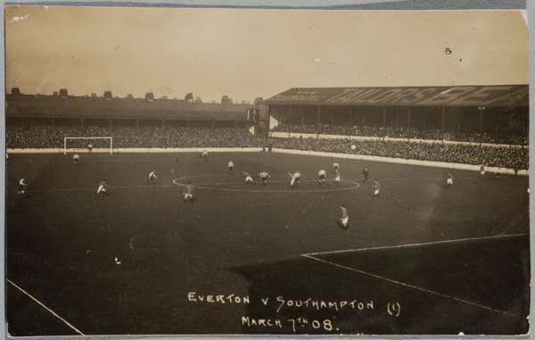 Everton v Southampton match postcard, 7th March 1908, 
 featuring match action, reverse with stamp and postage mark and writing in black ink, 8.5 by 1