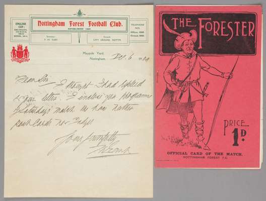 Nottingham Forest v Bradford City programme 4th December 1909  

F.L. Division One fixture; sold with a related letter on Forest letterhead (2)