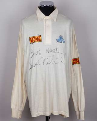 Devon Malcolm match worn, signed white England Test Match long-sleeved shirt