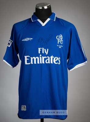 Gianfranco Zola signed blue Chelsea no.25 FA Cup Final jersey v Arsenal at Millennium Stadium, Cardiff, 4th May 2002,
 Umbro, short-sleeved with AXA T