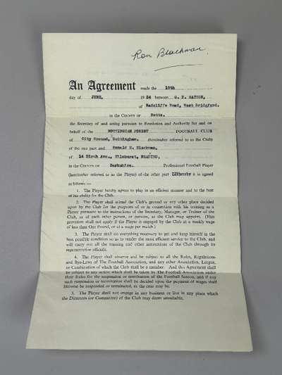 A player contract between Ron Blackman and Nottingham Forest, 1954 and a 35mm photographs signed by Ron Blackman (2)