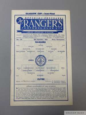 Rangers v. Clyde Glasgow Cup Semi Final match programme, 8th September 1954
 sign of fold, very slight staining otherwise good