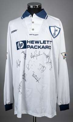 Jason Dozzell white No.12 Tottenham Hotspur match worn long-sleeved jersey, 1996-97, 
 Pony, XL, with button-up collar and embroidered cloth badge ins