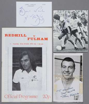 George Best, Johnny Haynes and Jimmy Langley Fulham autographs,
 a Best signed programme at Redhill 23.10.76 and a signed magazine photo; a Haynes sig