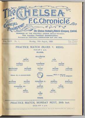 Chelsea FC Chronicle bound volume of programmes, season 1929-30,
 blue bound volume with gilt tooling, vol. XXV no.1 19th August 1929 to vol. XXV no.5