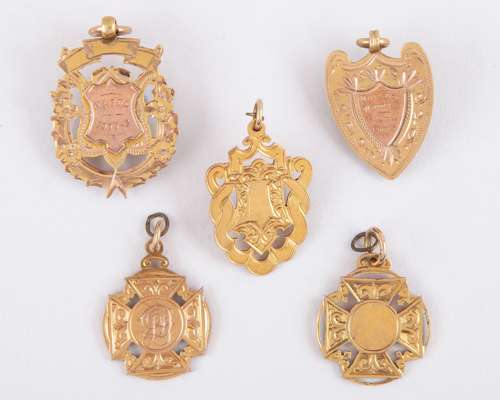 Joseph Dines five various 9ct gold medals