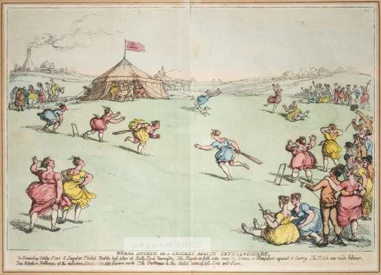After Thomas Rowlandson RURAL SPORTS OR A CRICKET MATCH EXTRAORDINARY hand coloured etching published by Thomas Tegg circa 1811, 
 mounted, framed & g