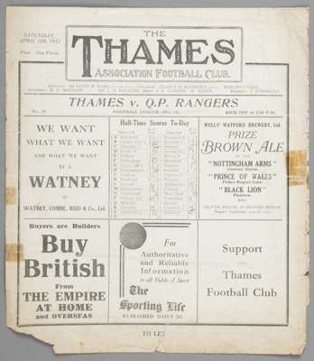 Thames v QPR programme 30th April 1932,
 F.L. Division Three South fixture, some paper loss

 1931-32 was Thames AFC's second and final season in the 