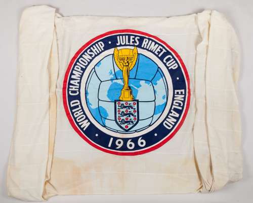 A large white 1966 World Cup Wembley flag