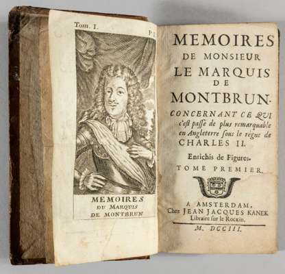 Real tennis novel published in 1703: "Memoires de Monsieur Le Marquis De Montbrun" by Gatien de Courtilz de Sandras,
 including an engraving of real t