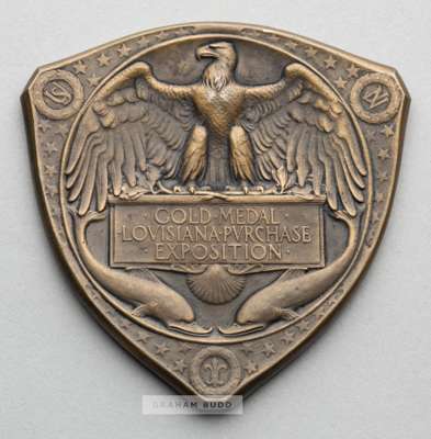 1904 Louisiana Purchase Exposition 'Gold Medal' award, designed by A.A. Weinman,
 triangular bronze, obverse depicting Colombia holding the American f