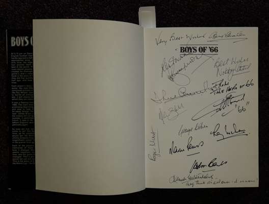 "Boys of 66" book featuring the autographs of the squad including Bobby Moore three times, written by Martin Tyler it covers the England team that won