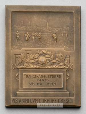 French Football Association medal plaquette for the International friendly v England in Paris, 26th May 1938,
 bronze, obverse with a maiden holding a