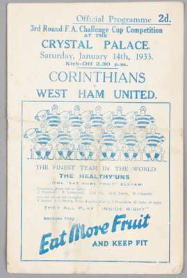 Corinthians v West Ham United programme 14th February 1933,
 F.A. Cup 3rd Round tie played at Crystal Palace