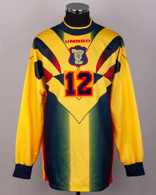 Andy Goram yellow, red and blue No.12 Scotland goalkeepers shirt