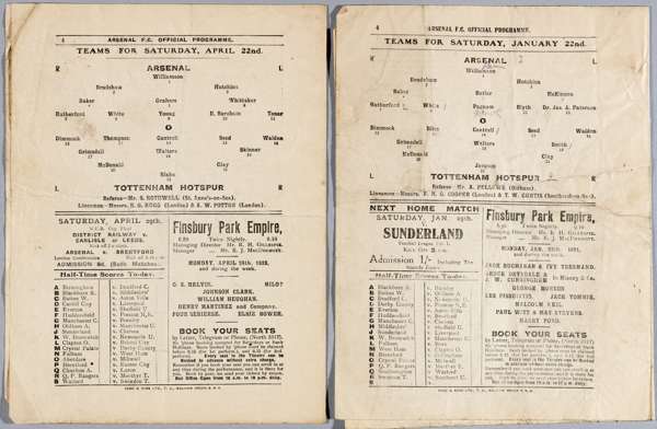 Two Arsenal home programmes v Tottenham Hotspur 1920-21 and 1921-22,
 each fair with horizontal and vertical folds, grubby, pencil annotations, (2)
