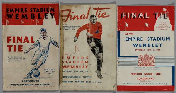A trio of programmes for the F.A. Cup Finals of 1937, 1938 and 1939,
 1st May 1937 Preston N.E. v Sunderland, good condition; 30th April 1938 Huddersf