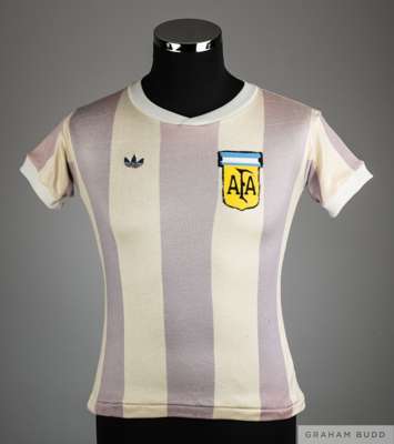 Diego Maradona blue and white No.10 Argentina v. Ecuador Under-20 match worn short-sleeved shirt, 
 Adidas, with crew-neck collar and sponge badge ins