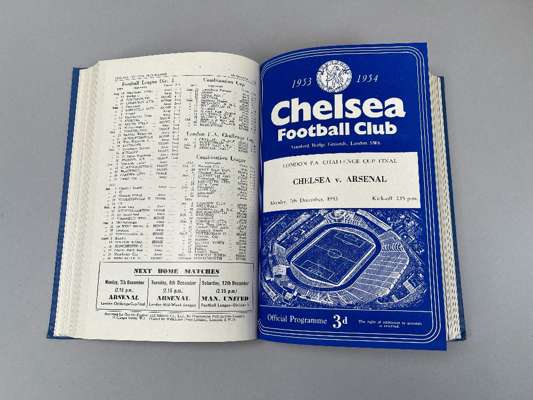 Bound volume of Chelsea home match programme, 1953-54 from Portsmouth, 25th August 1953 to Ipswich Town, 1st May 1954 including league, combination, c