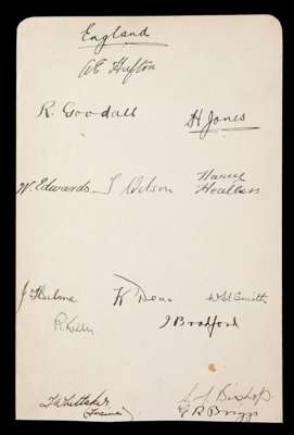 The signatures of the England football team from the 'Wembley Wizards' match v Scotland at Wembley in 1928, a page removed from an album with a fine s