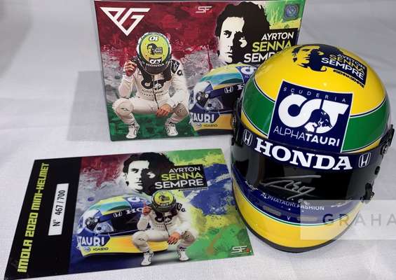 Ayrton Senna Honda replica model helmet (1:2 scale) 2020 Imola GP signed by Pierre Gasly, Scuderia Alpha Tauri, 
 limited edition 467 of 700 Worldwide